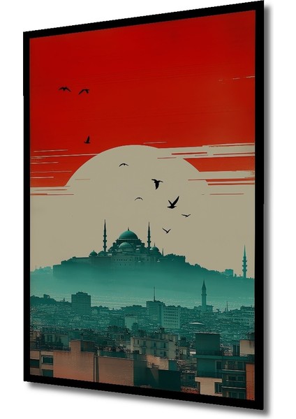Çerçeve Görünümlü Istanbul Silüeti Kuşlar ve Kızıl Günbatımı Yağlı Boya Görünümlü Mdf Ofis Tablo fiyatları