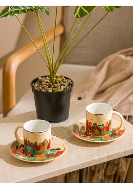 Baskılı 2 Kişilik Porselen Kahve Fincan Takımı 90 ml (W5)