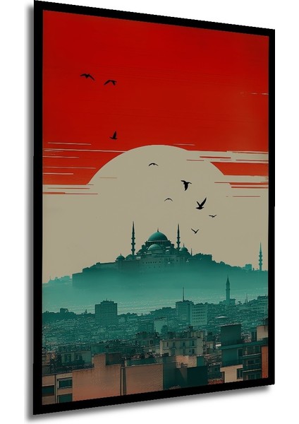 Çerçeve Görünümlü Istanbul Silüeti Kuşlar ve Kızıl Günbatımı Yağlı Boya Görünümlü Mdf Ofis Tablo modelleri
