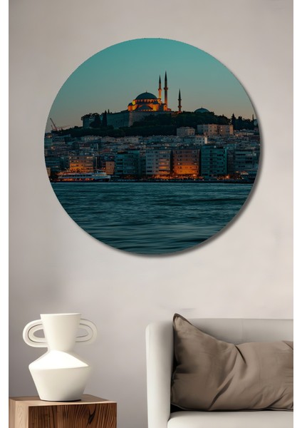 Istanbul Silüeti Yağlı Boya Görünümlü Dekoratif Ahşap Ev/işyeri/ofis Yuvarlak Tablo