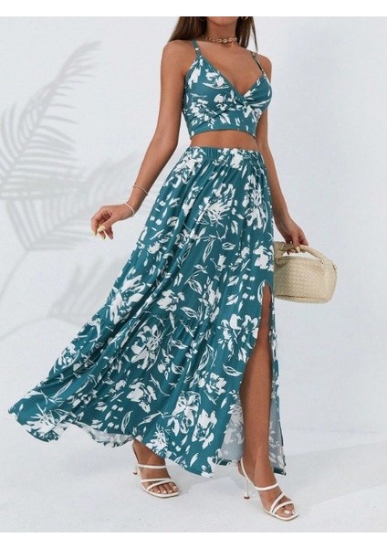Kadın Ince Askılı Çiçek Baskı Desenli Crop Yırtmaçlı Etek Ikili Süprem Takım