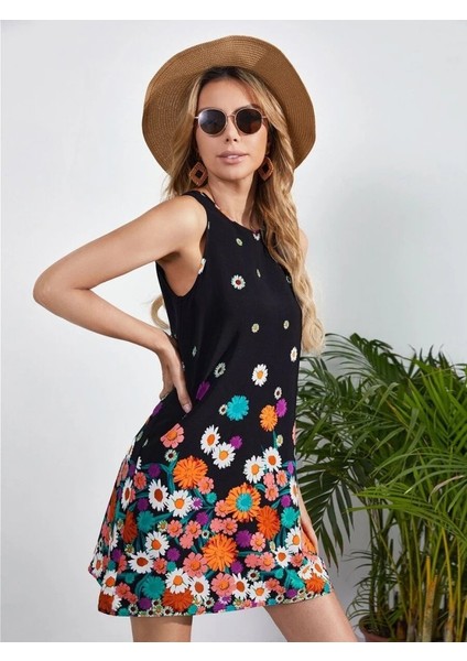 Kadın Sıfır Kollu Bisiklet Yaka Çiçek Desenli Süprem Mini Elbise fiyatları