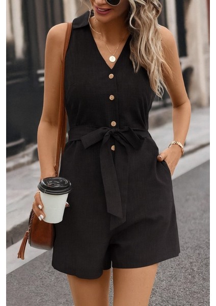 Kadın Sıfır Kollu Yakalı Düğmeli Belden Kuşaklı Kısa Keten Tulum modelleri