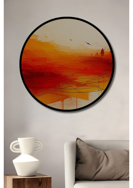 Çerçeve Görünümlü Kızıl Savaş Alanı Yağlı Boya Görünümlü Dekoratif Ahşap Işyeri/ofis Yuvarlak Tablo