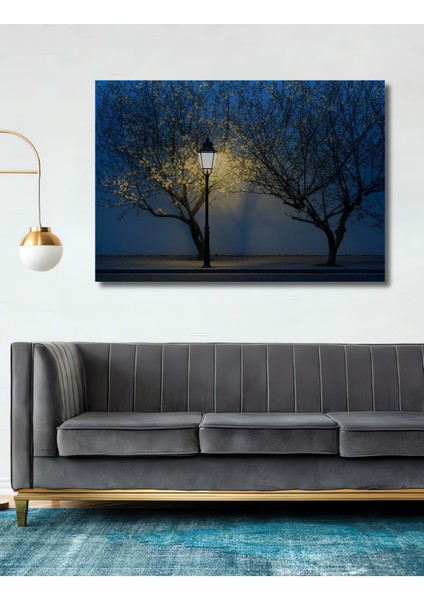 Gece Çiçekleri ve Lamba Yağlı Boya Görünümlü Dekoratif Ahşap Ev/işyeri/ofis Kare Tablo