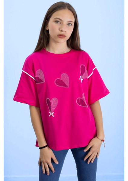 Fuşya Kolu Şerit Detaylı Payetli Kız Çocuk Oversize Tişört 20811
