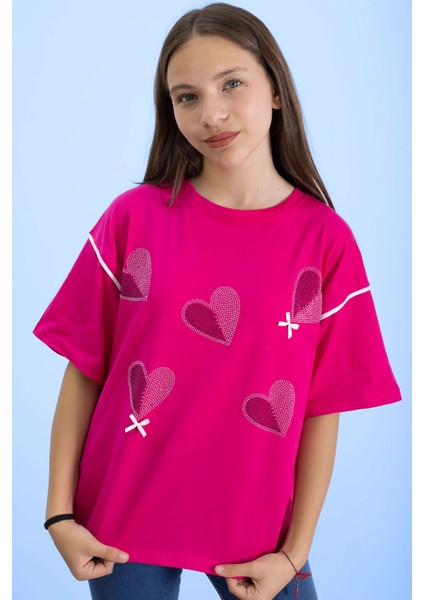 Fuşya Kolu Şerit Detaylı Payetli Kız Çocuk Oversize Tişört 20811 fiyatları