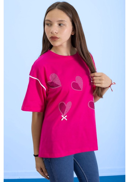 Fuşya Kolu Şerit Detaylı Payetli Kız Çocuk Oversize Tişört 20811 modelleri