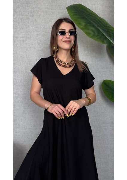 Kadın Kısa Kollu V Yaka Salaş Maxi Boy Elbise fiyatları