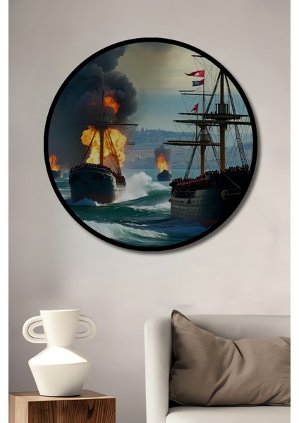 Çerçeve Görünümlü Osmanlı Donanması Yağlı Boya Görünümlü Dekoratif Ahşap Işyeri/ofis Yuvarlak Tablo