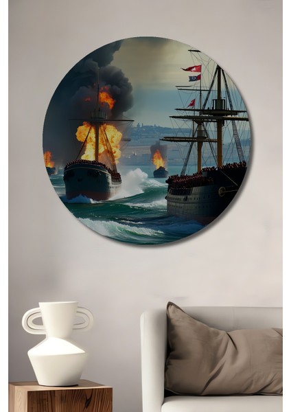 Osmanlı Donanması Yağlı Boya Görünümlü Dekoratif Ahşap Ev/işyeri/ofis Yuvarlak Tablo