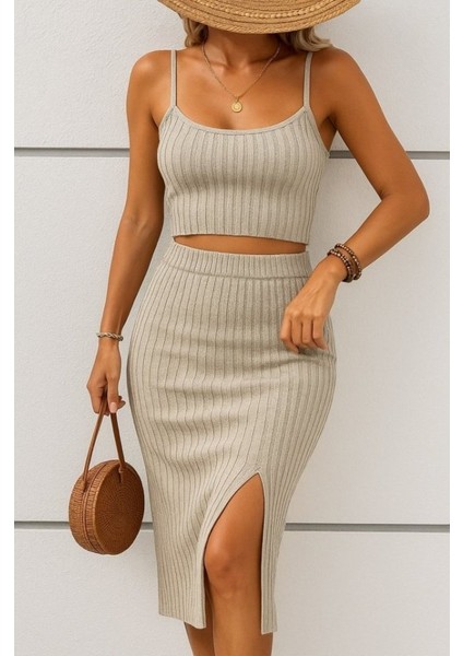 Kadın Kolsuz Askılı Crop Yırtmaçlı Midi Etek Fitilli Kaşkorse Takım
