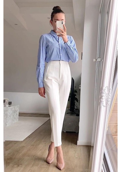 Yüksek Bel Kadın Pantolon Beyaz Dokuma Dar Paça 74% Polyester MG2425