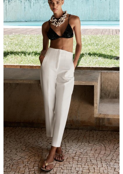 Yüksek Bel Kadın Pantolon Beyaz Dokuma Dar Paça 74% Polyester MG2425 fiyatları