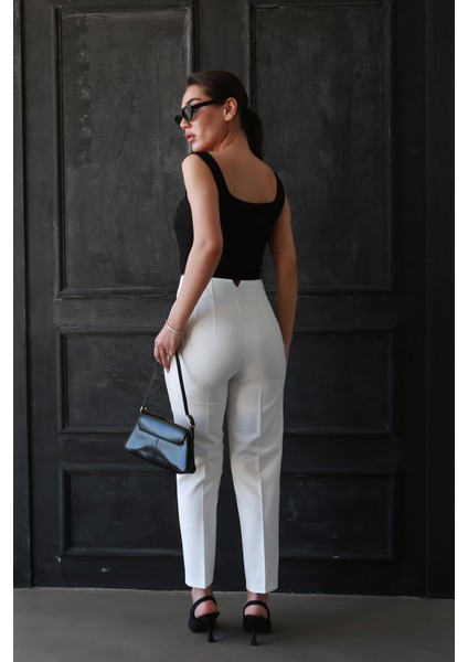 Yüksek Bel Kadın Pantolon Beyaz Dokuma Dar Paça 74% Polyester MG2425 fırsatları