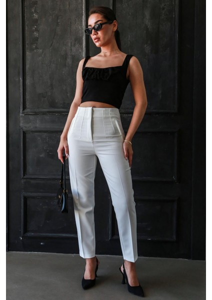 Yüksek Bel Kadın Pantolon Beyaz Dokuma Dar Paça 74% Polyester MG2425 indirimleri