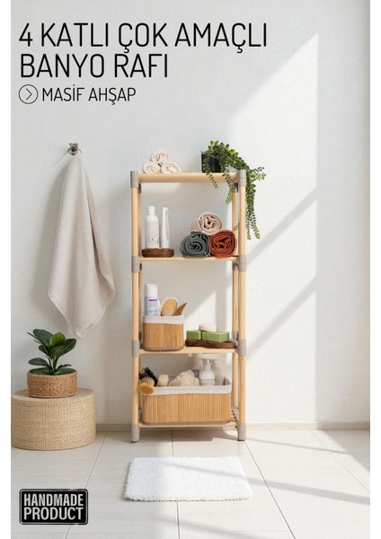 4 Katlı Banyo Düzenleyici Raf, Masif Ahşap, Çok Amaçlı Düzenleyici