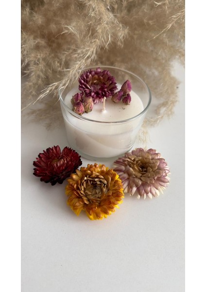 Çiçek Tasarımlı Sandal Ağacı Kokulu Dekoratif Mum – %100 Doğal Soya Wax, El Yapımı, 240 gr modelleri