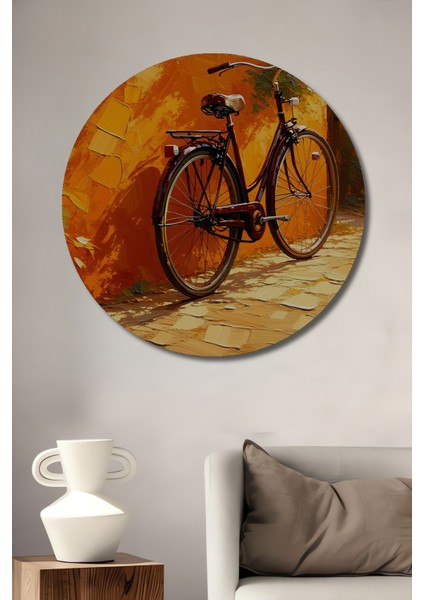 Turuncu Duvar Önünde Bisiklet Yağlı Boya Görünümlü Dekoratif Ahşap Ev/işyeri/ofis Yuvarlak Tablo