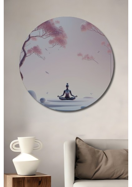 Zen Bahçesi Sakura Ağacı Yağlı Boya Görünümlü Dekoratif Ahşap Ev/işyeri/ofis Yuvarlak Tablo