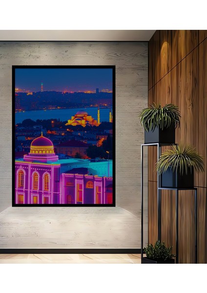 Çerçeve Görünümlü Neon Işıklarla Aydınlatılmış Istanbul Silüeti Yağlı Boya Görünümlü Ofis Tablo