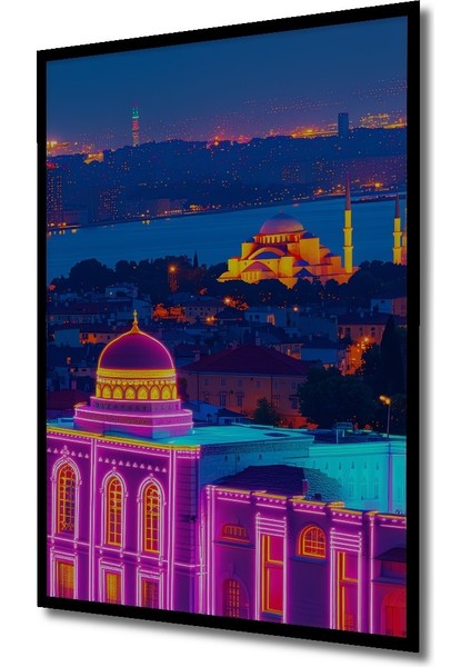 Çerçeve Görünümlü Neon Işıklarla Aydınlatılmış Istanbul Silüeti Yağlı Boya Görünümlü Ofis Tablo fiyatları