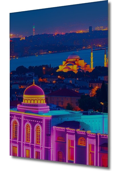Neon Işıklarla Aydınlatılmış Istanbul Silüeti Yağlı Boya Görünümlü Ev/işyeri/ofis Dekoratif Tablo fiyatları