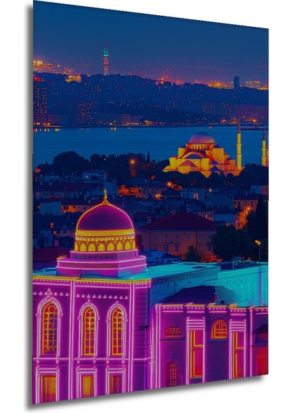 Neon Işıklarla Aydınlatılmış Istanbul Silüeti Yağlı Boya Görünümlü Ev/işyeri/ofis Dekoratif Tablo modelleri