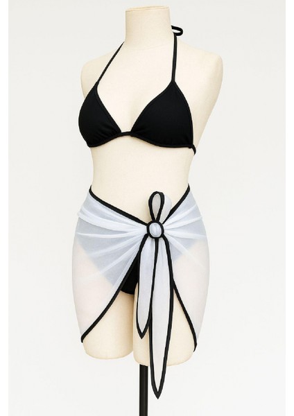 Kadın Siyah Beyaz Pareolu Yandan ve Boyundan Bağlamalı 3'lü Bikini Takımı modelleri