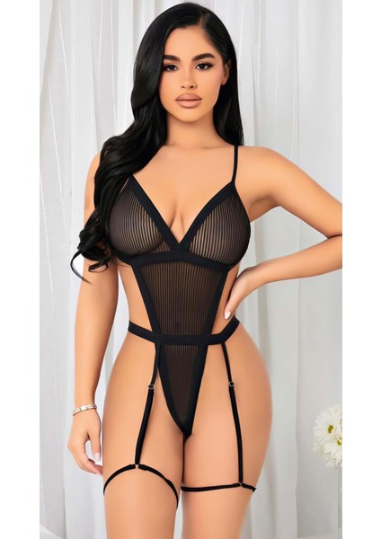 Siyah Ip Detaylı Tül Fantezi Body