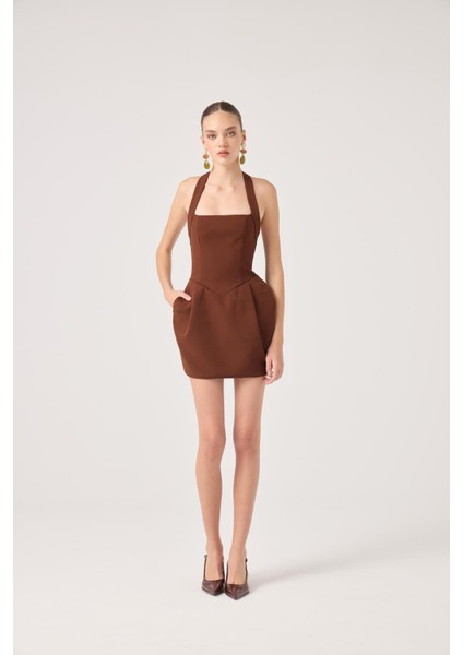 Boyundan Askılı Cepli Mini Yerry Elbise Kahve modelleri