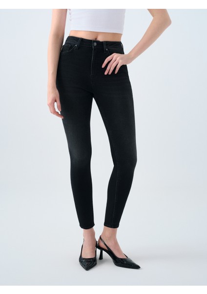 Kadın Skinny Fit Pantolon Yüksek Bel %91 Pamuklu Natalie Modeli Siyah