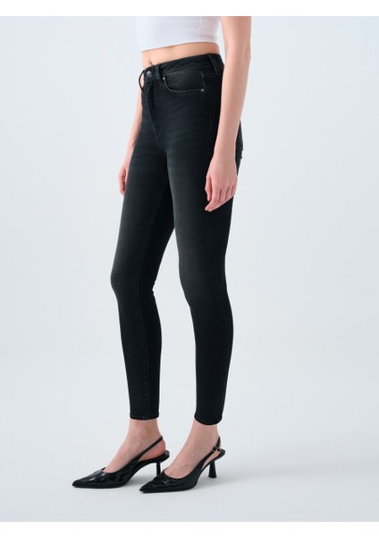 Kadın Skinny Fit Pantolon Yüksek Bel %91 Pamuklu Natalie Modeli Siyah