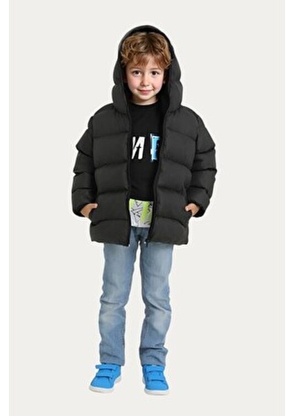 Kız Çocuk Siyah Polarlı Şişme Mont Su ve Rüzgar Koruması