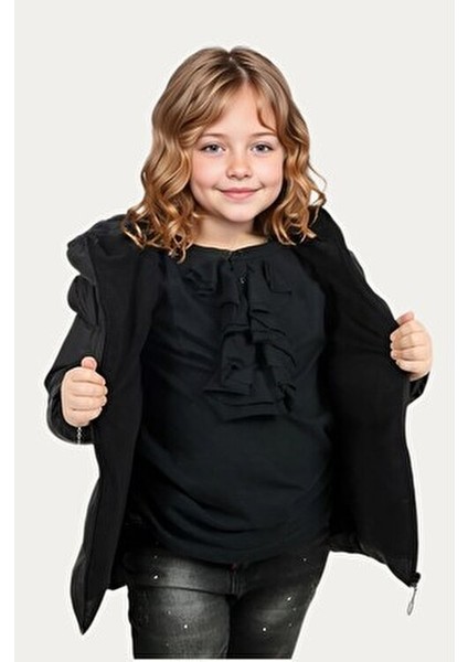 Kız Çocuk Siyah Kapüşonlu Su ve Rüzgar Geçirmez Polarlı Şişme Mont fırsatları