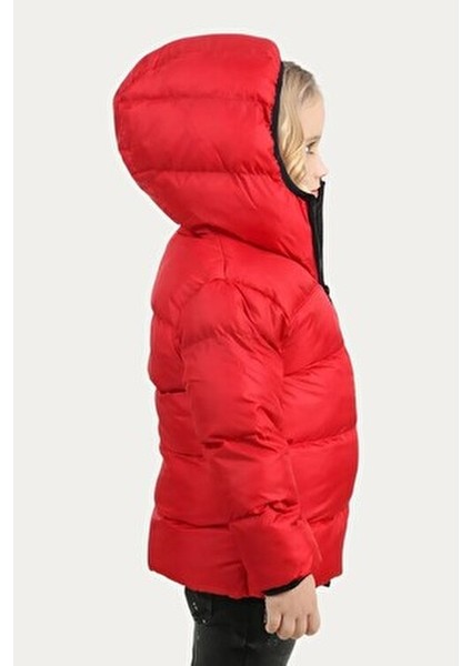 Kız Çocuk Kırmızı Kapüşonlu Su ve Rüzgar Geçirmez Fleece İçlikli Şişme Mont