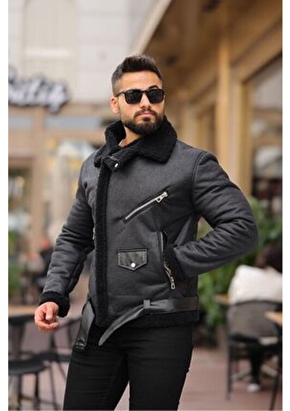 Lamine Deri Mont Erkekler İçin Standart Kalıp, Kürk Detaylı Şık Tasarım
