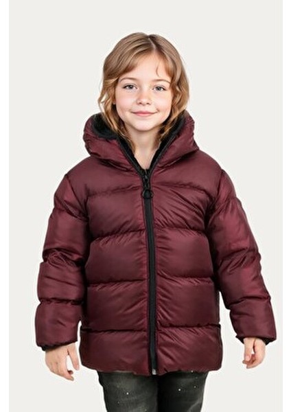 Kız Çocuk Bordo Kapüşonlu Su ve Rüzgar Geçirmez Fleece İçlikli Kış Montu