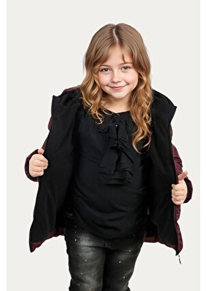 Kız Çocuk Bordo Kapüşonlu Su ve Rüzgar Geçirmez Fleece İçlikli Kış Montu