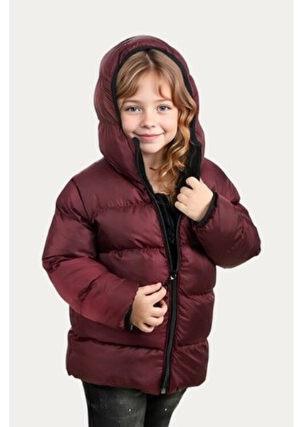 Kız Çocuk Bordo Kapüşonlu Su ve Rüzgar Geçirmez Fleece İçlikli Kış Montu