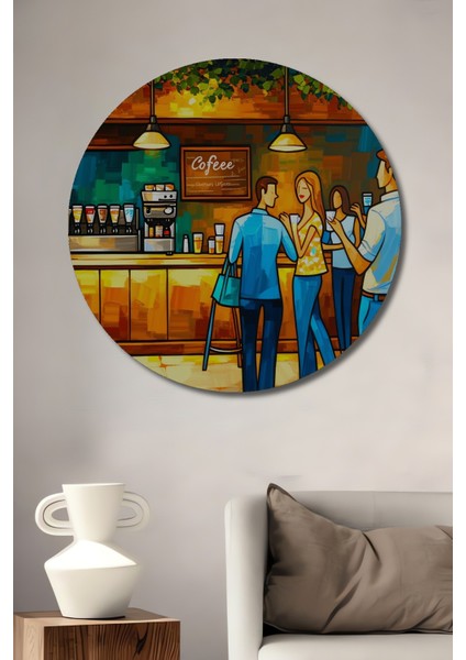 Kalabalık Kafe Yağlı Boya Görünümlü Dekoratif Ahşap Ev/işyeri/ofis Yuvarlak Tablo