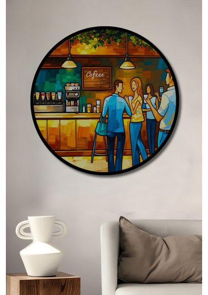 Çerçeve Görünümlü Kalabalık Kafe Yağlı Boya Görünümlü Dekoratif Ahşap Ev/işyeri/ofis Yuvarlak Tablo