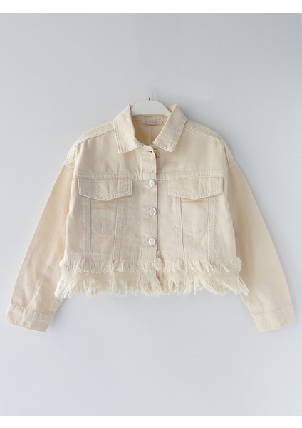 Püskül Detaylı Kız Çocuk Kısa Denim Crop Kot Ceket Ekru 001-0002113