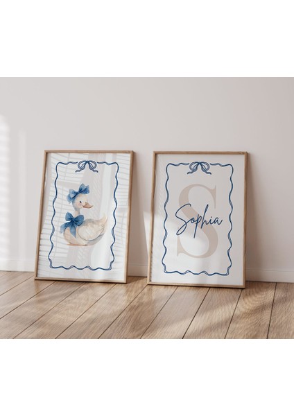 (Çerçevesiz) Ördek Tasarımlı Bebek Odası Poster, Özel Isimli 2li Poster Set