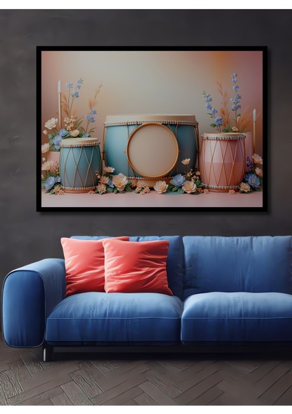 Çerçeve Görünümlü Pastel Rüyası Davul ve Çiçekler Dekoratif Ahşap Ev/işyeri/ofis Kare Tablo