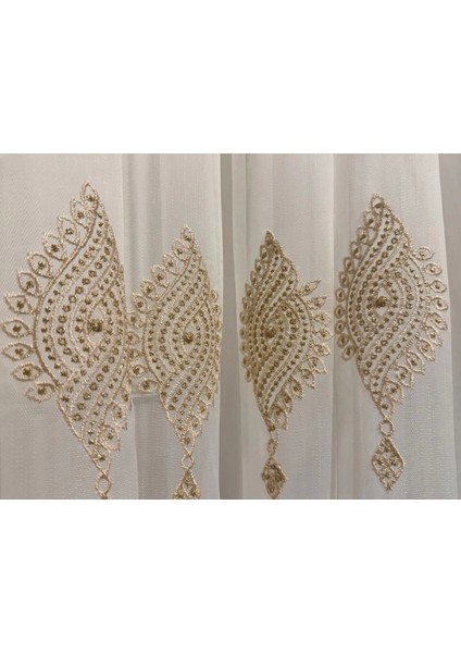 Nivemeshome Sinop 523 V-104 Altın Işlemeli 1/3 Sık Pileli Tül Perde Apm