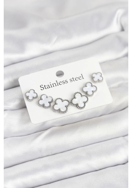 316L Çelik Gümüş Beyaz Renk 3 Boy Yonca Küpe Seti