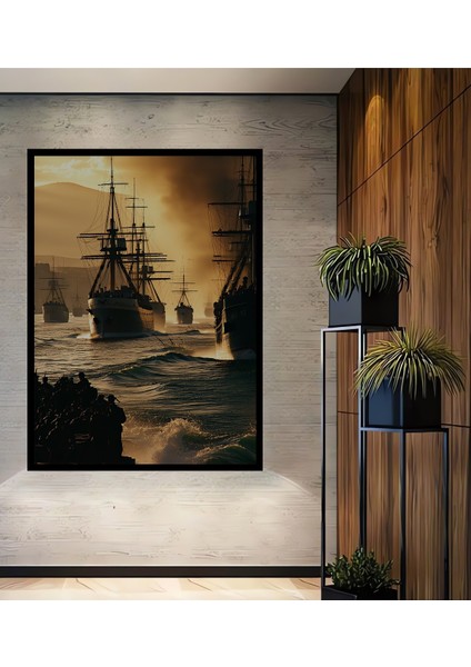 Çerçeve Görünümlü Osmanlı Donanması Yağlı Boya Görünümlü Dekoratif Ahşap Ev/işyeri/ofis Kare Tablo