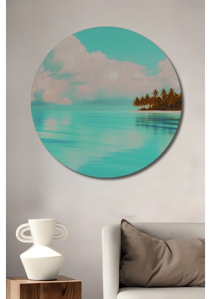 Turkuaz Rüyalar Palmiye Ağaçları Yağlı Boya Görünümlü Dekoratif Ahşap Ev/işyeri/ofis Yuvarlak Tablo