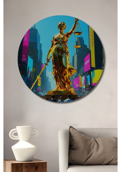 Adalet Tanrıçası Times Meydanı Yağlı Boya Görünümlü Dekoratif Ahşap Ev/işyeri/ofis Yuvarlak Tablo